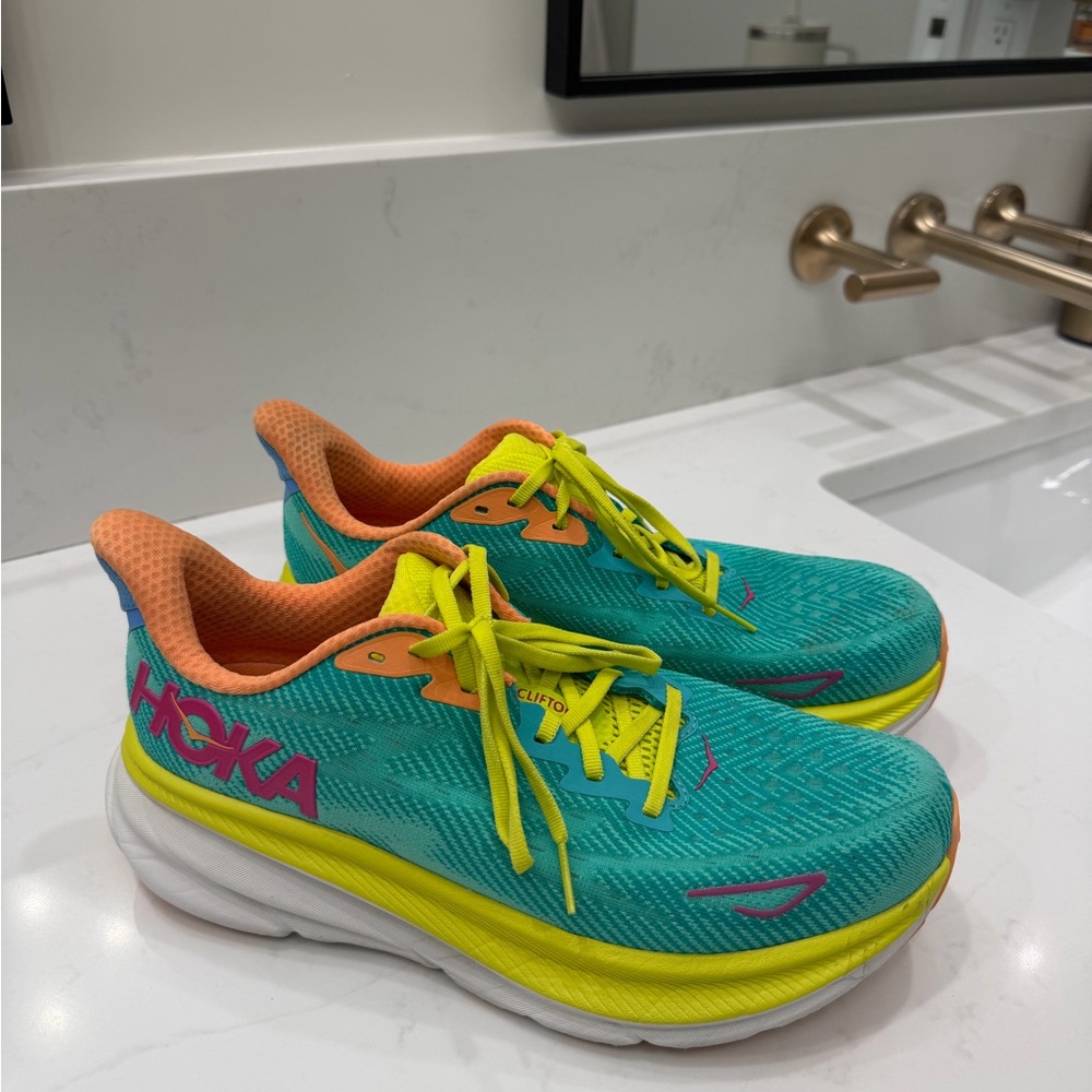 Hoka Womens Vibrant Teal and Neon Yellow Sneakers